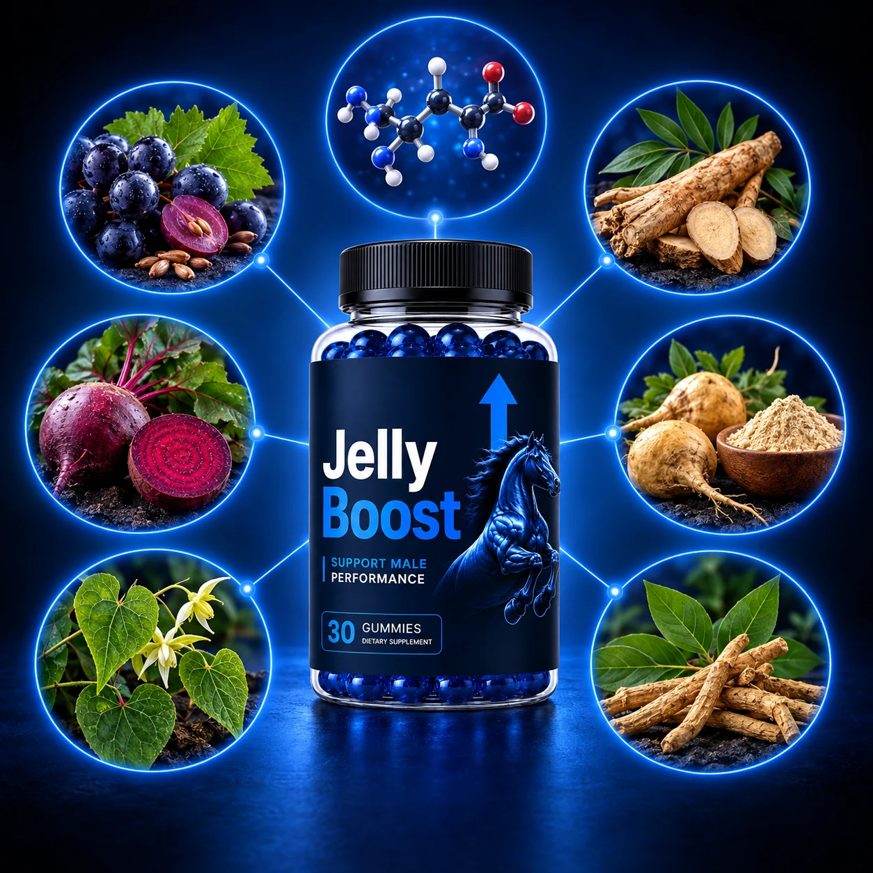 JellyBoost® bottle surrounded by grape seed, L-Arginine, tongkat ali, maca root, beet root, ashwagandha and horny goat weed ingredient photos