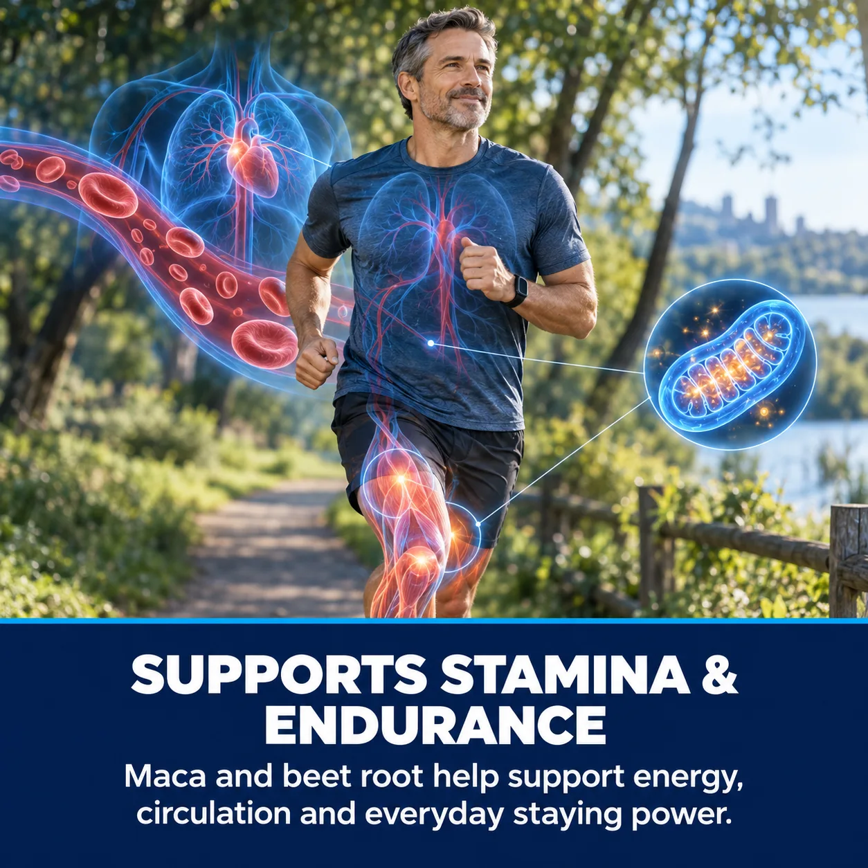 Supports stamina and endurance — man jogging outdoors with an illustration of circulation and cellular energy production