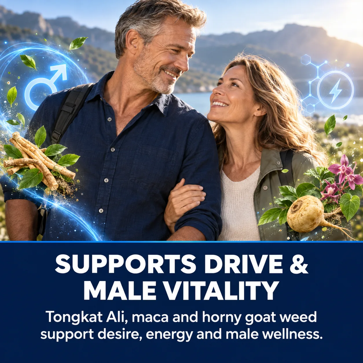 Supports drive and male vitality — smiling couple hiking together with icons representing traditional herbal ingredients like tongkat ali and maca