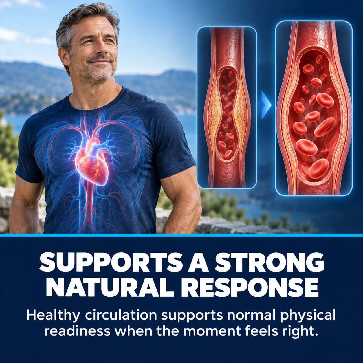 Supports a strong natural response — illustration comparing a narrow, restricted artery to a healthy, open artery with strong blood flow